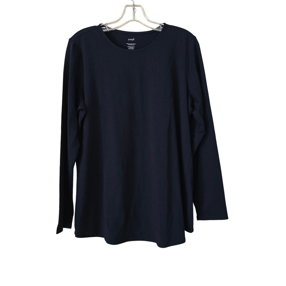 Pure Jill Long Sleeve Shirttail Tee Navy Blue Pima Cotton Blend Crew Neck‎ M